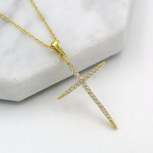 925 Sterling Silver Gold Plated Micro Pave Cross Pendant Necklace Cubic Zirconia